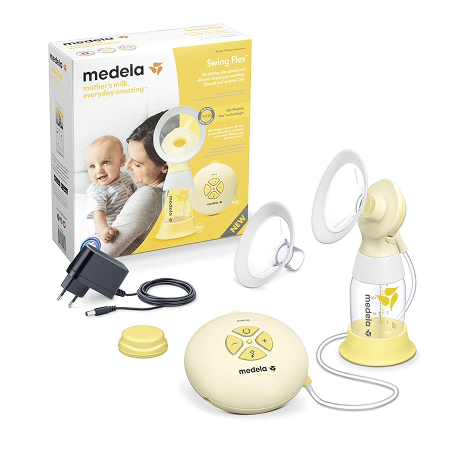 Ein Medela Swing Flex Brustpumpen-Set. Enthält Pumpe, Flaschen, Netzteil und Steuereinheit, alles in Weiß und Gelb.