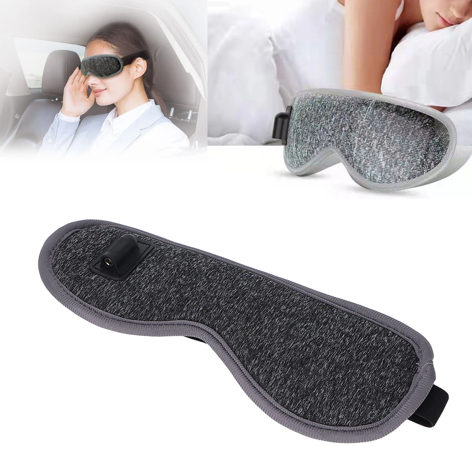 Das Bild zeigt eine Augenmaske, eine Frau, die eine im Auto trägt. Auch eine Person im Bett mit einer.