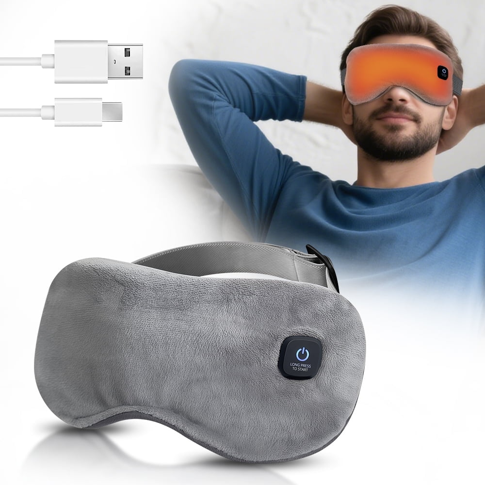 Ein Mann mit einer Augenmaske, mit einer grauen Augenmaske im Vordergrund. USB-Kabel sind links.