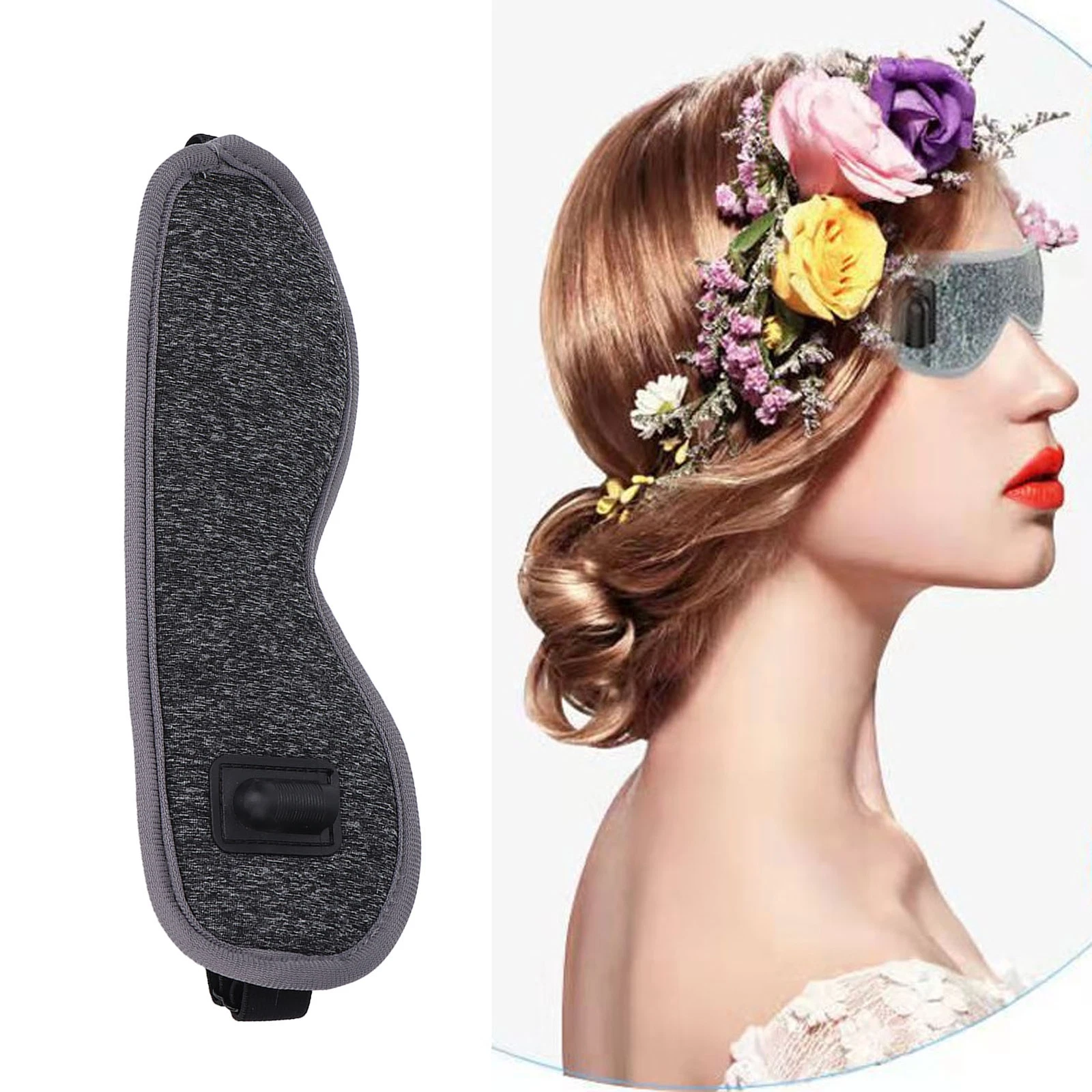 Auf der linken Seite eine graue Schlafmaske; rechts eine Frau mit Blumen im Haar und einer Augenmaske.