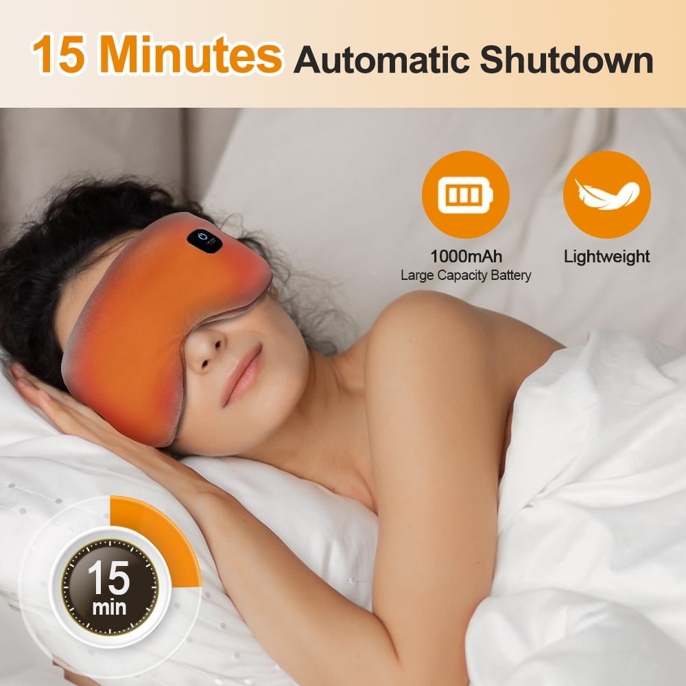 Eine Frau liegt im Bett und trägt eine orangefarbene Augenmaske. Text: "15 Minuten automatische Abschaltung". Weitere Symbole heben Funktionen hervor.