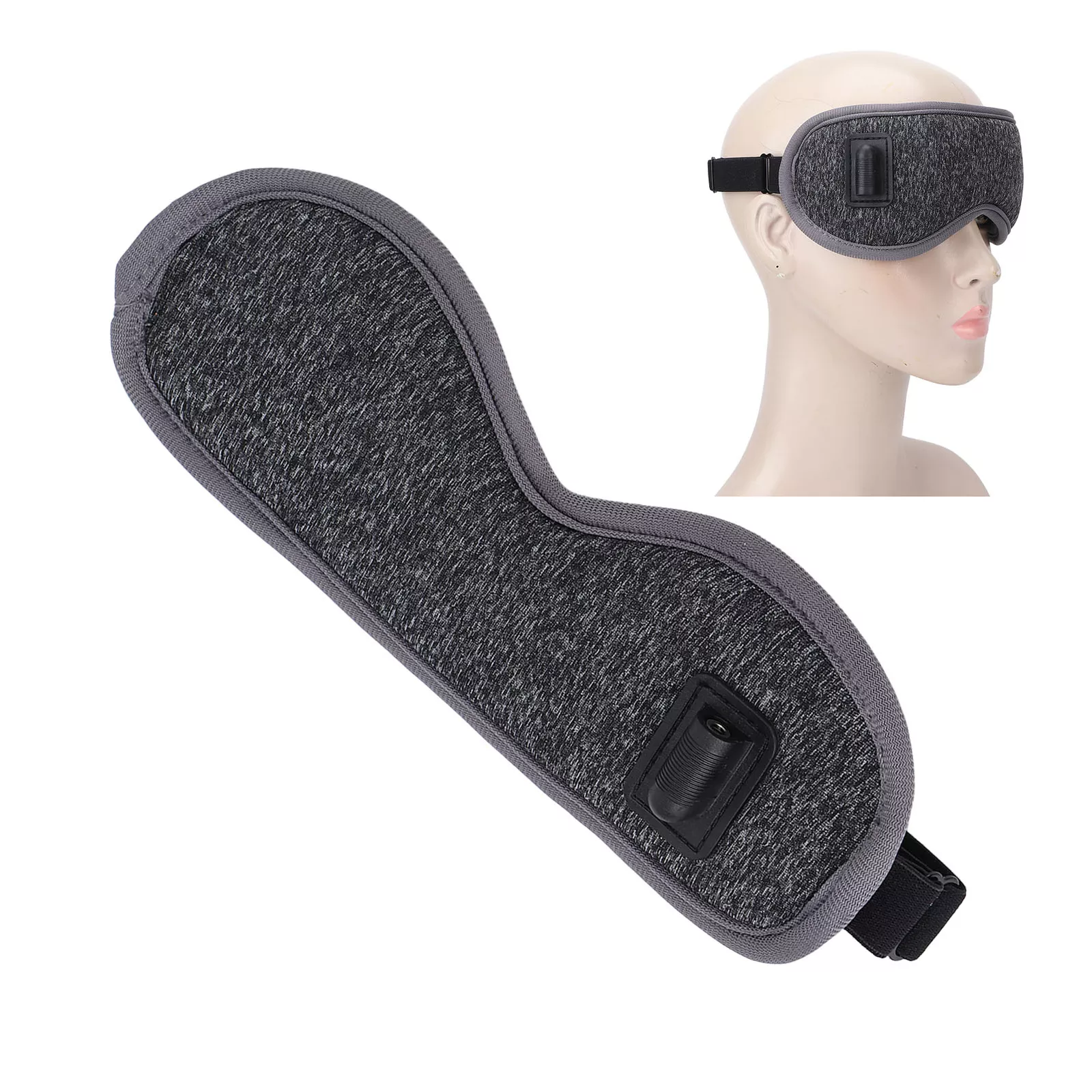 Eine graue Schlafmaske mit schwarzem Riemen. Die Maske befindet sich auf einem Schaufensterpuppenkopf. Die Maske wird auch separat gezeigt.