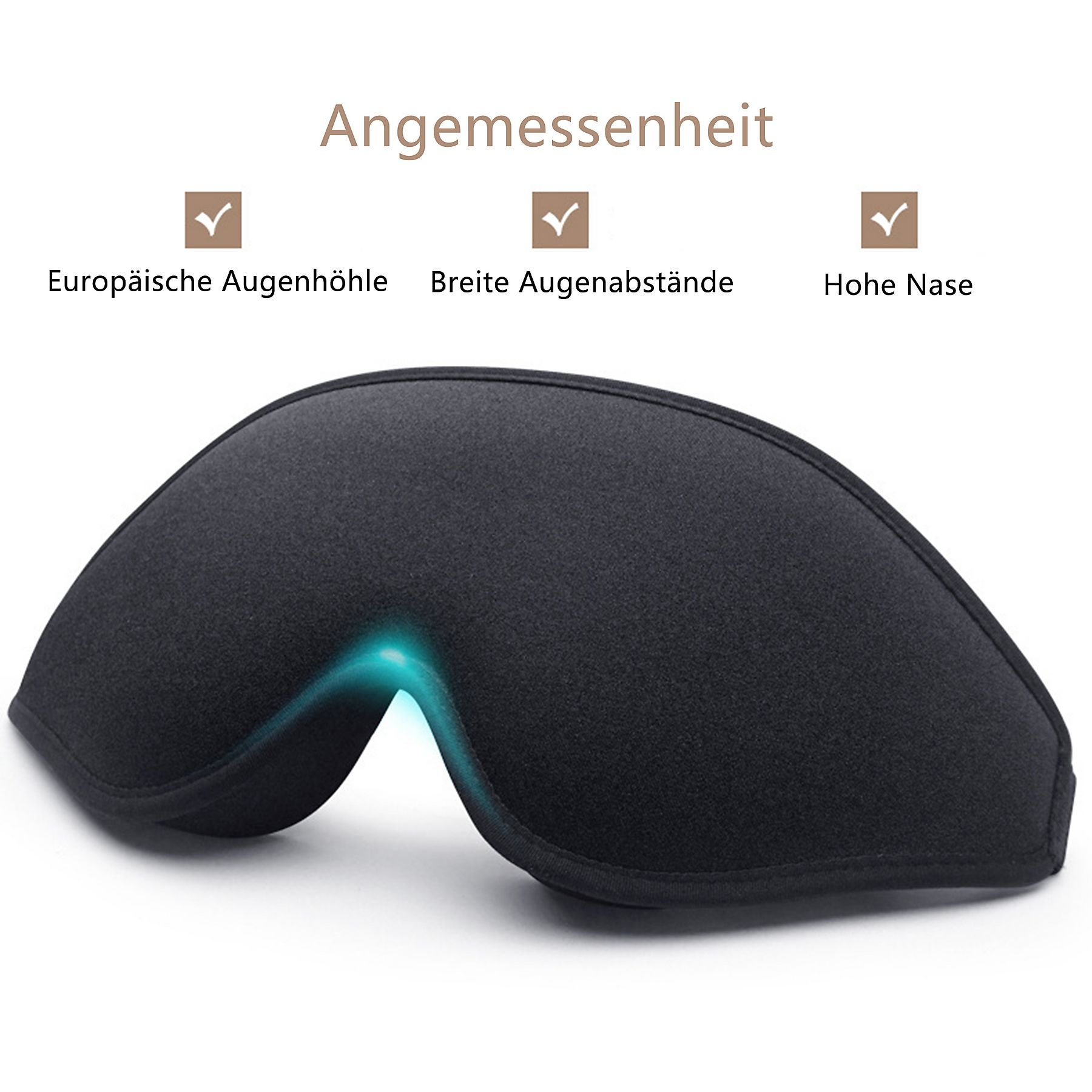 Eine schwarze Augenmaske mit geschwungenem Design. Über dem Text steht „Angemessenheit“. Häkchen neben Augenbegriffen.
