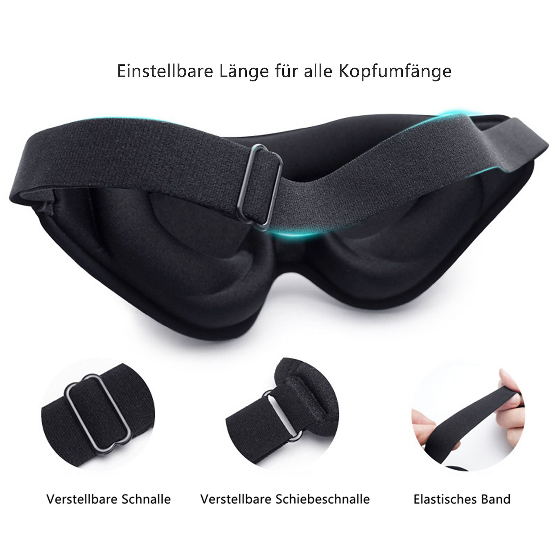 Schwarze Schlafmaske mit verstellbarem Riemen und Schnalle. Drei kleinere Bilder zeigen Details von Riemen und Band.
