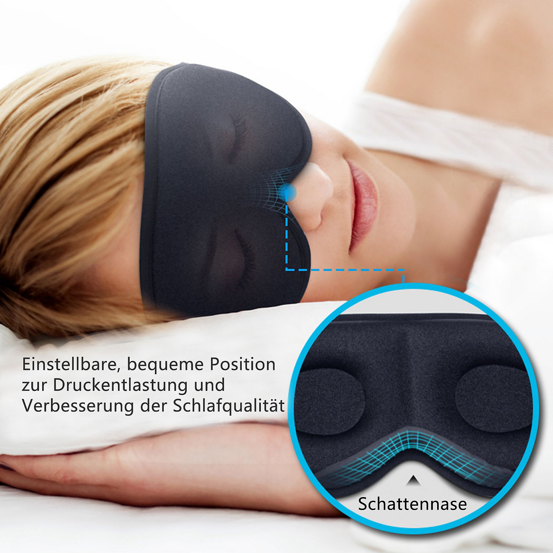 Eine Person mit schwarzer Augenmaske schläft auf einem weißen Kissen. Eine Detailansicht der Maske befindet sich in einem blauen Kreis.
