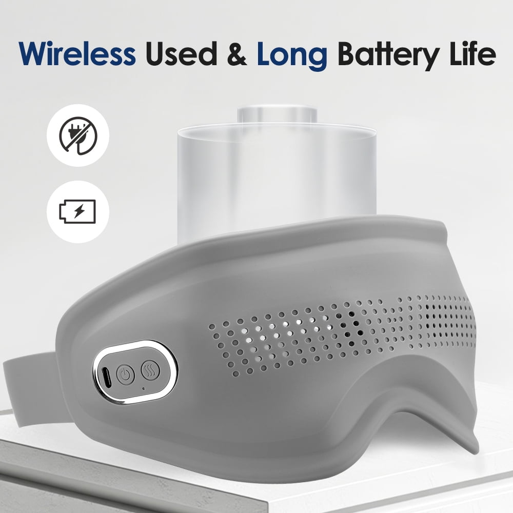 Ein graues Augenmassagegerät mit Knöpfen und Lüftungslöchern im Fokus. Darüber steht der Text 'Wireless Used & Long Battery Life'.