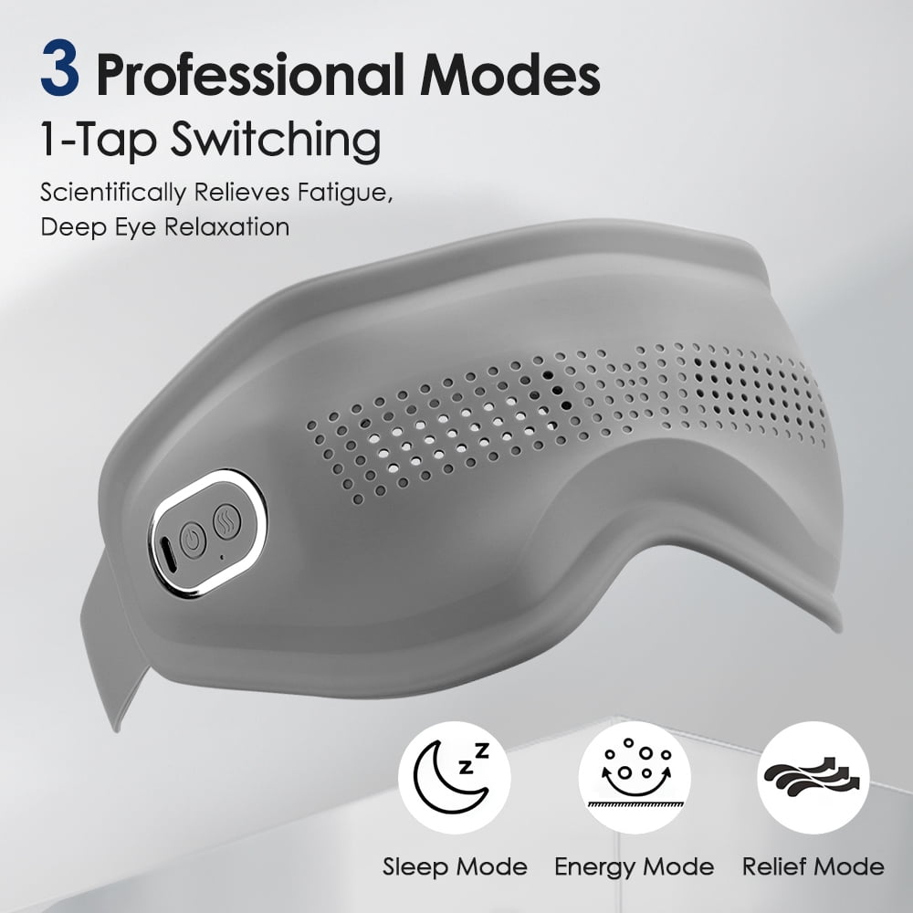 Ein graues Augenmassagegerät mit drei Modi: Schlaf, Energie und Entspannung. Der Text lautet '3 Professional Modes' und '1-Tap Switching'.