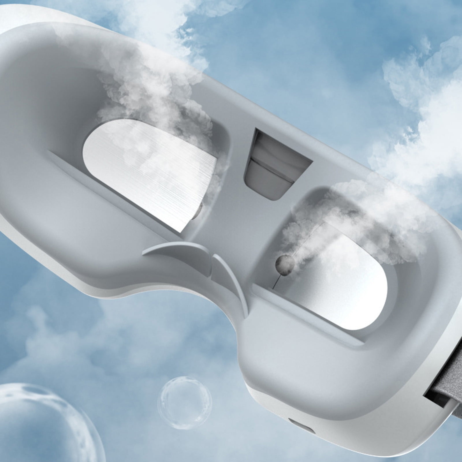 Weißes VR-Headset mit Dampf, vor blauem Himmel mit Wolken und Blasen im Vordergrund.