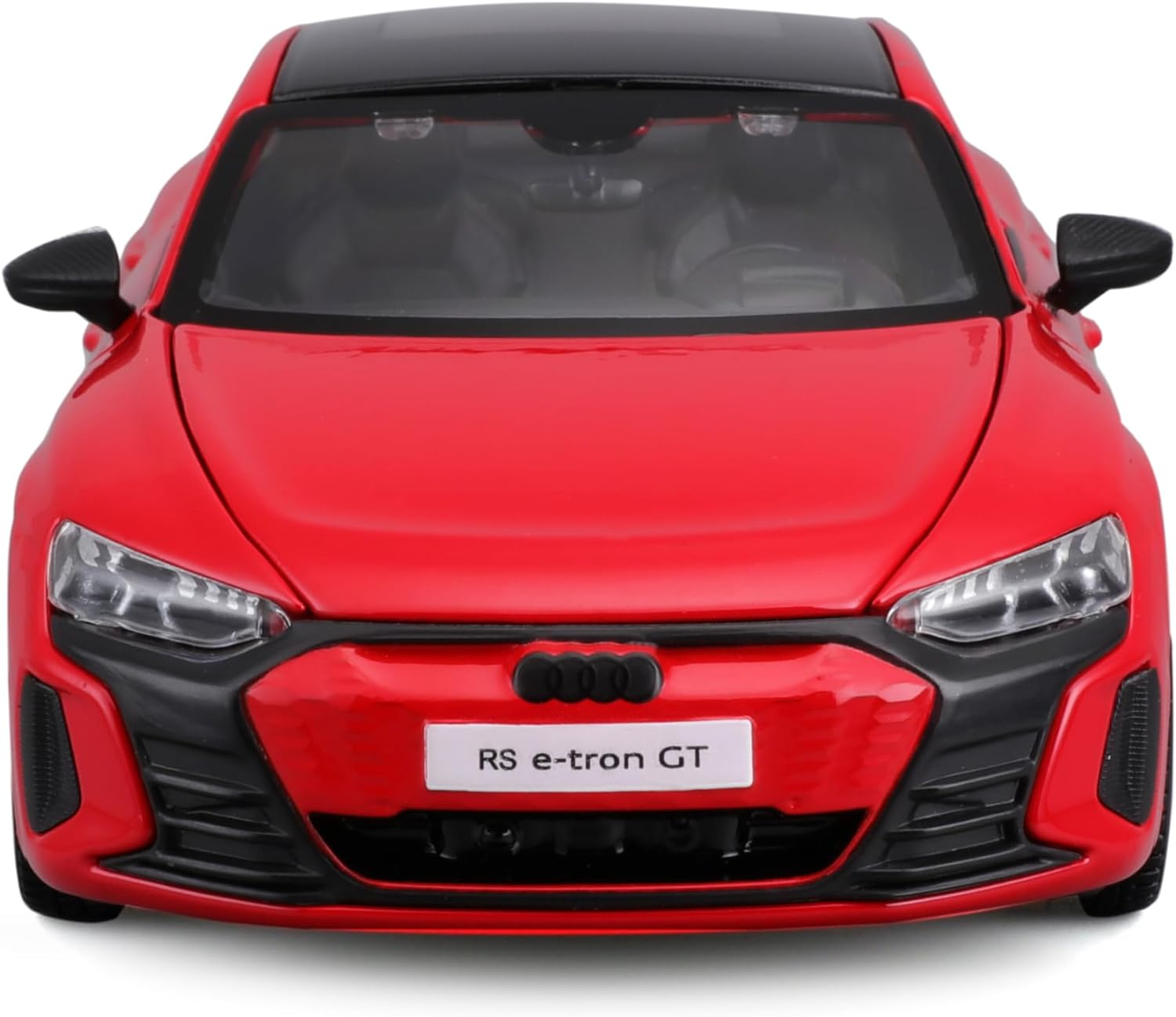 Ein rotes Audi RS e-tron GT Modellauto mit schwarzem Dach. Die Front hat Scheinwerfer und den Namen RS e-tron GT.
