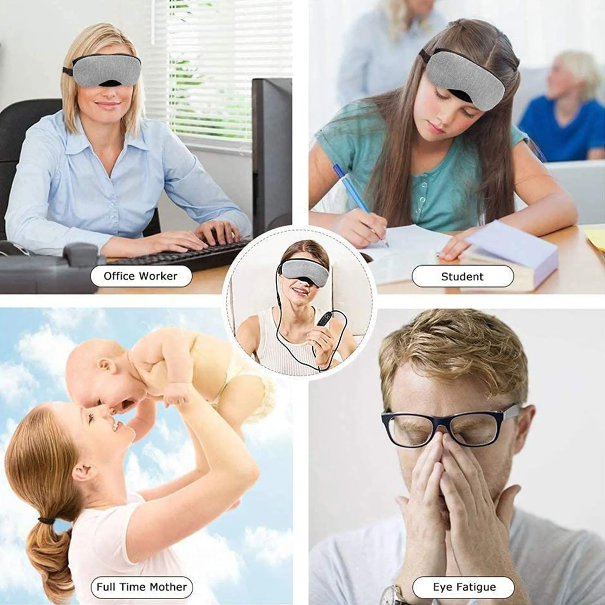 Das Bild zeigt Personen mit Schlafmasken: Büroangestellte, Studentin, Mutter mit Baby und ein Mann mit Augenermüdung.