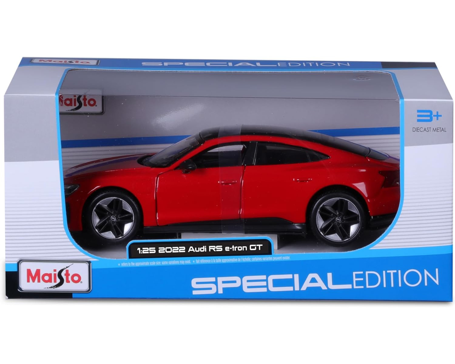 Ein rotes Audi RS e-tron GT Modellauto in einer Box. Die Box trägt die Aufschrift 'SPECIAL EDITION' und 'Maisto'.