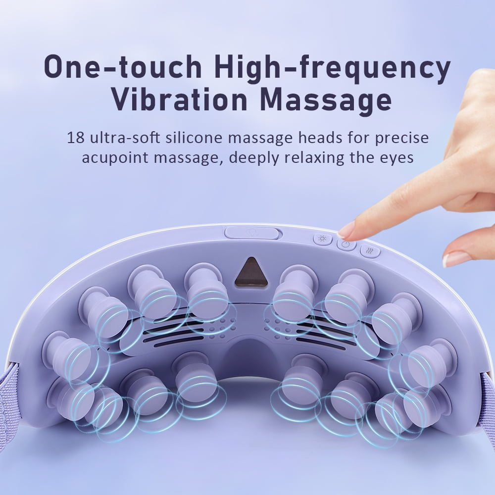 Ein lila Augenmassagegerät mit 18 Köpfen. Ein Finger drückt die Ein-/Aus-Taste. Text: Hochfrequenz-Vibrationsmassage.