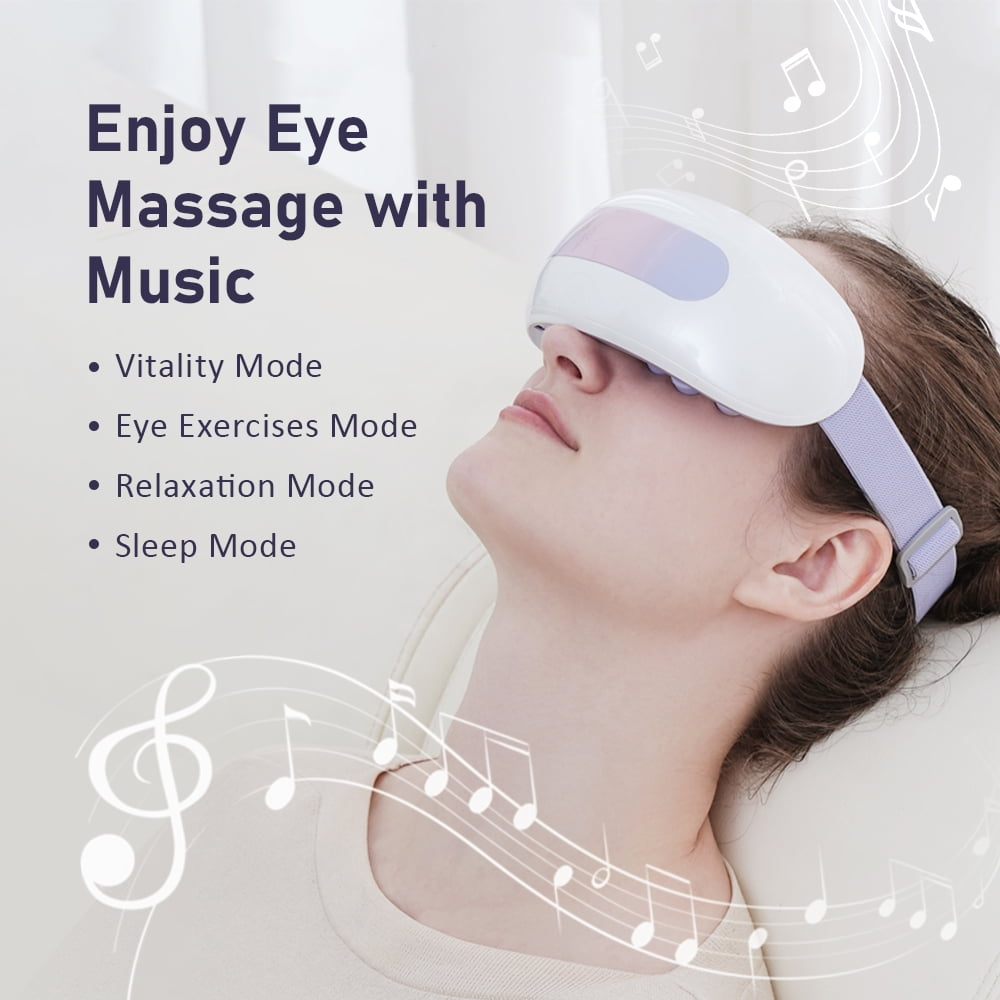 Eine Frau mit Augenmassagegerät. Text: Enjoy Eye Massage with Music. Modi: Vitalität, Übungen, Entspannung, Schlaf. Noten im Hintergrund.