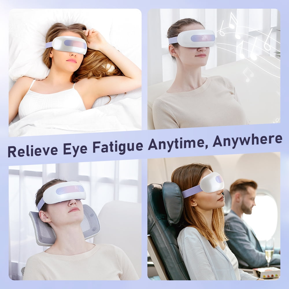 Vier Bilder zeigen Personen, die Augenmassagegeräte in verschiedenen Umgebungen tragen: Bett, sitzen, Nackenkissen und im Flugzeug. Text: Ermüdung der Augen lindern.