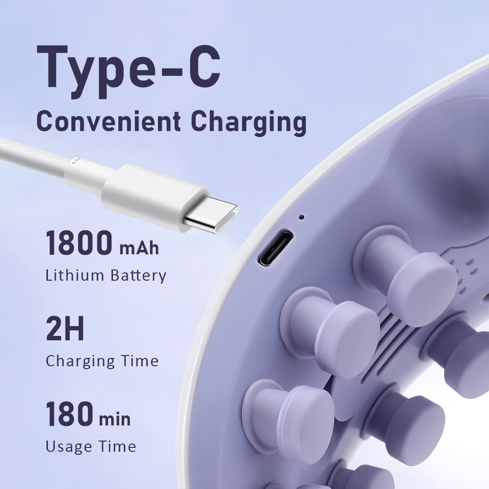 Das Bild zeigt einen Typ-C-Ladeanschluss und zugehörige Informationen: 1800 mAh Akku, 2H Ladezeit und 180 Min. Nutzungszeit.