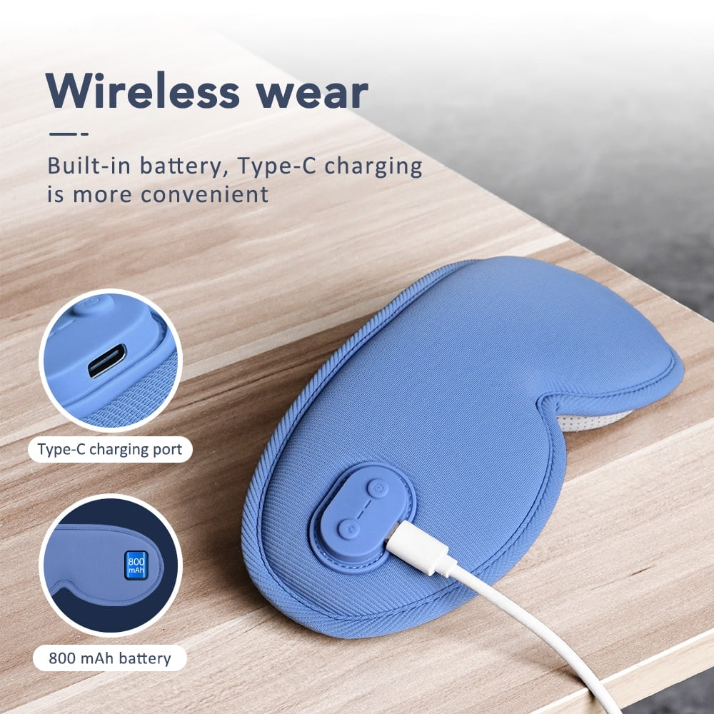 Eine blaue Augenmaske mit weißem Ladekabel liegt auf einer Holzoberfläche. Text enthält 'Wireless wear', 'Type-C charging port'.