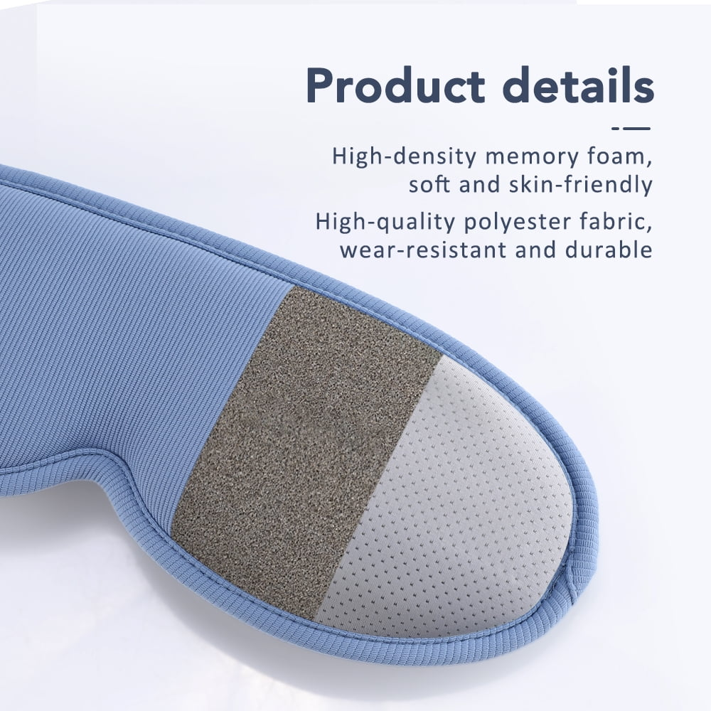 Nahaufnahme einer blauen Schlafmaske mit verschiedenen Texturen. Sie hat Memory-Schaum, Polyestergewebe und ein strukturiertes Muster.