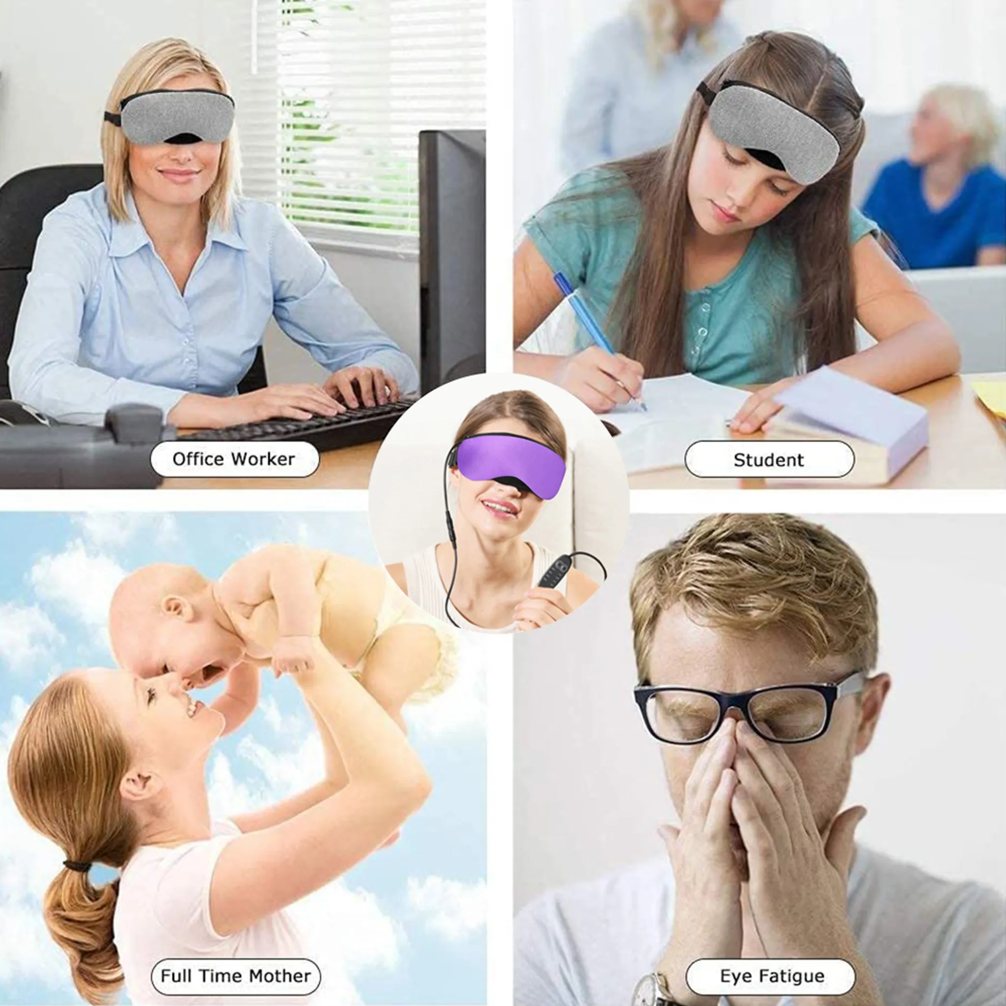 Das Bild zeigt Menschen in verschiedenen Szenarien mit Augenmasken: Büroangestellte, Studentin, Mutter und Mann.