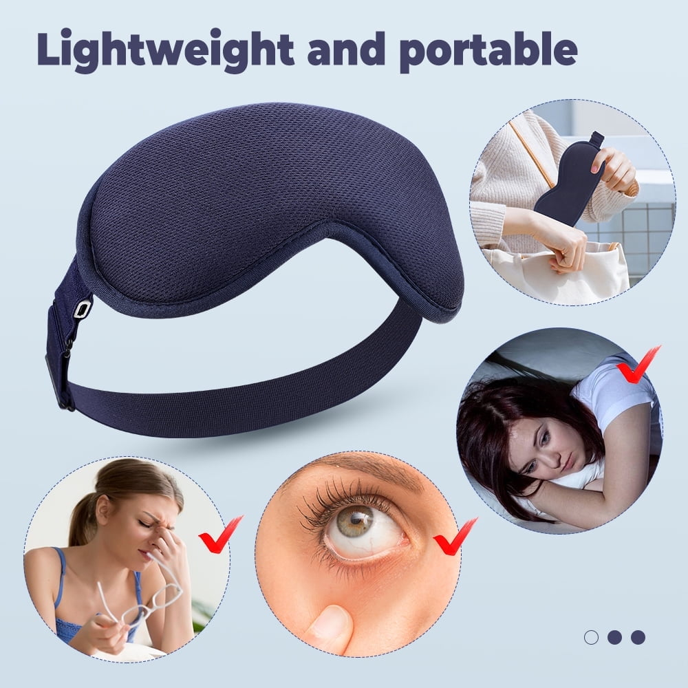 Marineblaue Schlafmaske mit Riemen. Insets zeigen eine Frau mit Augenbelastung, ein Auge, eine schlafende Frau und eine Maske in einer Tasche.