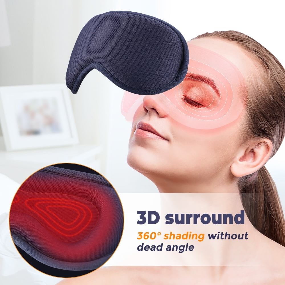 Eine Frau mit geschlossenen Augen, die eine marineblaue Schlafmaske trägt. Eine Nahaufnahme zeigt die Innendetails der Maske. Text: 3D-Surround, 360° Abschattung.