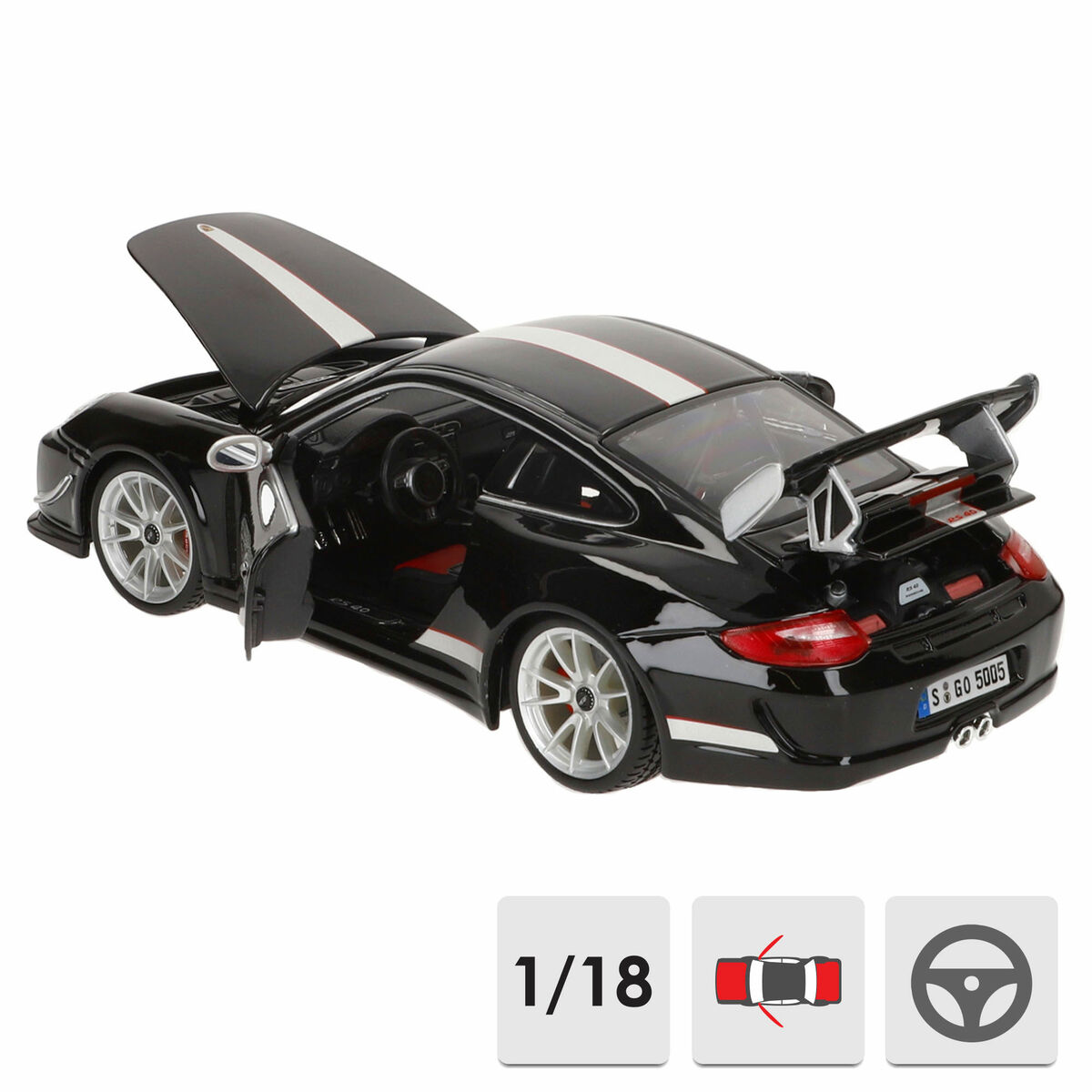 Schwarzes Porsche-Modell mit weißen Streifen, geöffneter Motorhaube und Tür. Das Modell hat einen Spoiler und silberne Räder. Symbole sind vorhanden.