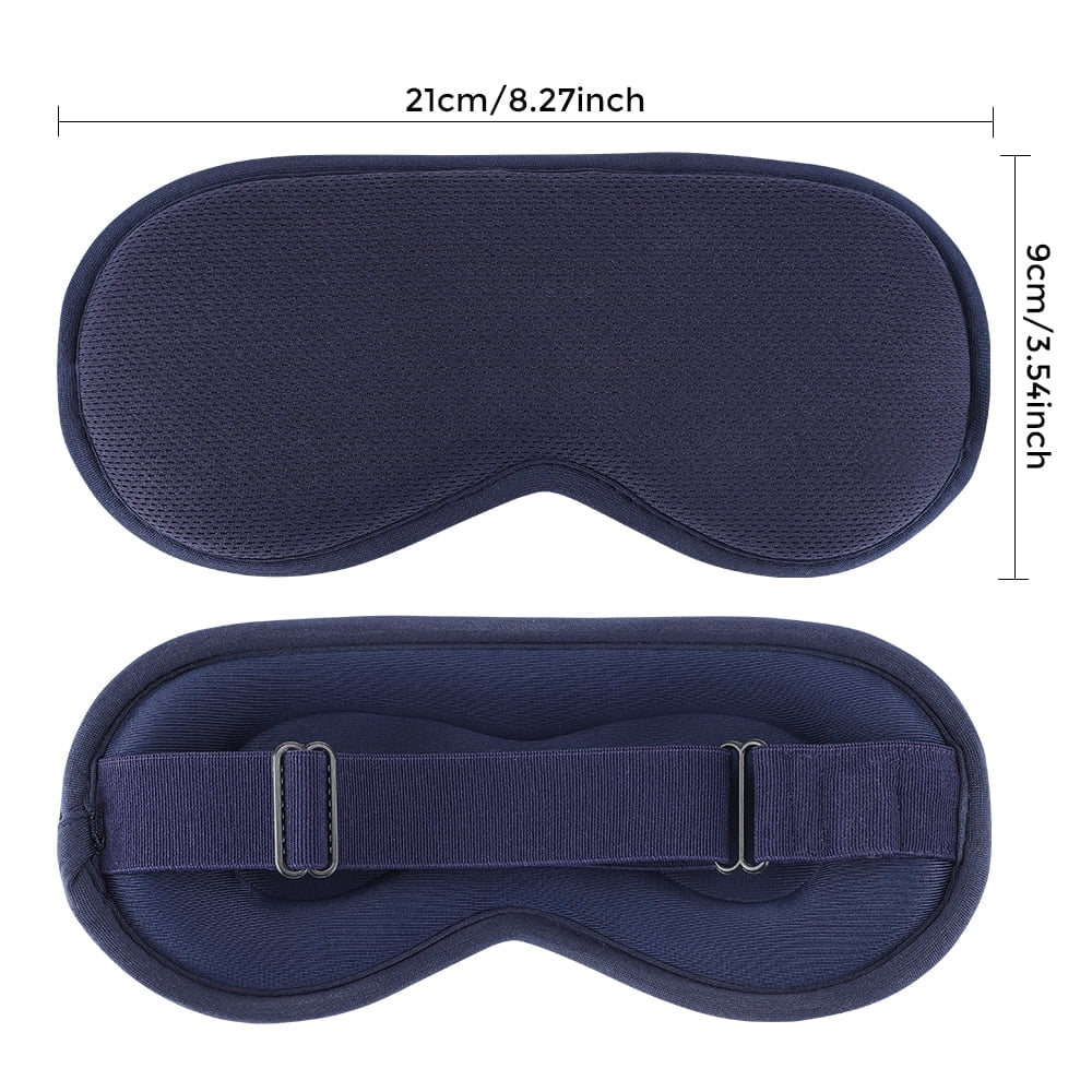 Eine marineblaue Schlafmaske, Vorder- und Rückansicht. Die Abmessungen sind mit 21 cm/8,27 Zoll und 9 cm/3,54 Zoll angegeben. Die Rückseite hat einen verstellbaren Riemen.