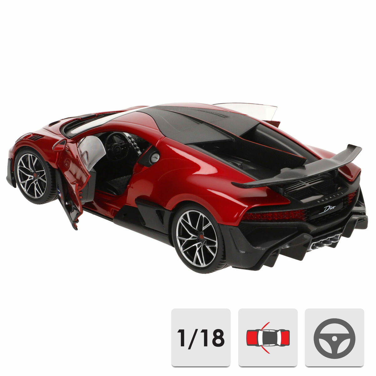 Ein rotes Bugatti Divo Modellauto mit geöffneter Tür. Das Auto steht vor weißem Hintergrund, unten sind Icons.