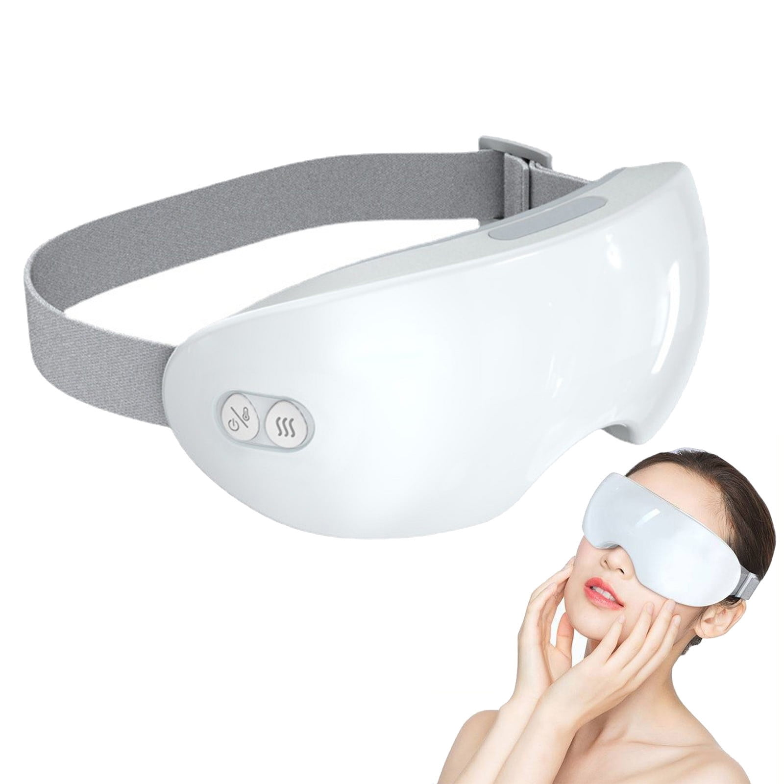 Ein weißes Augenmassagegerät mit grauem Riemen. Eine Frau trägt eine ähnliche Maske und berührt ihr Gesicht.