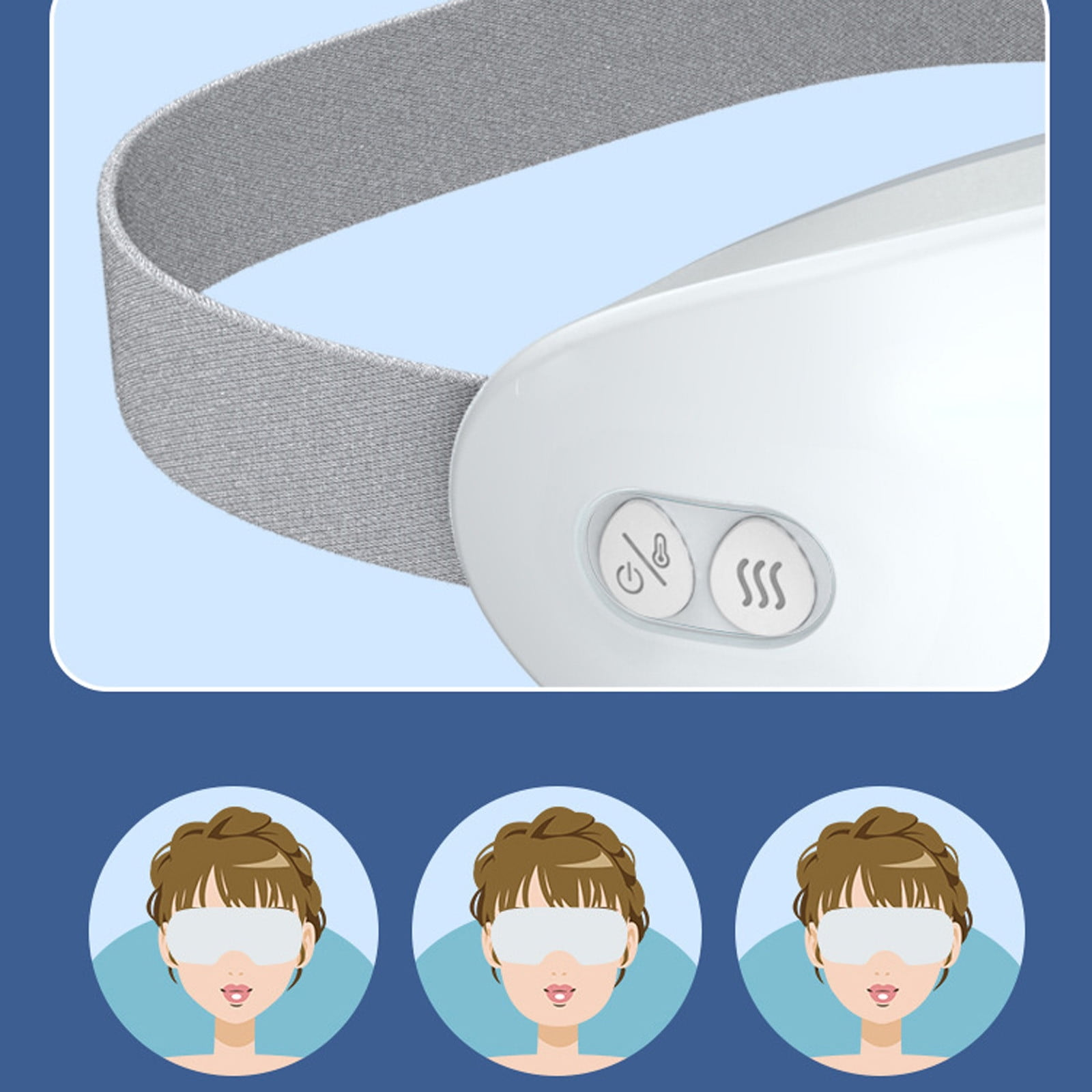 Weißes Augenmassagegerät mit grauem Band. Drei Frauen mit Augenmasken sind unter dem Gerät auf blauem Grund abgebildet.
