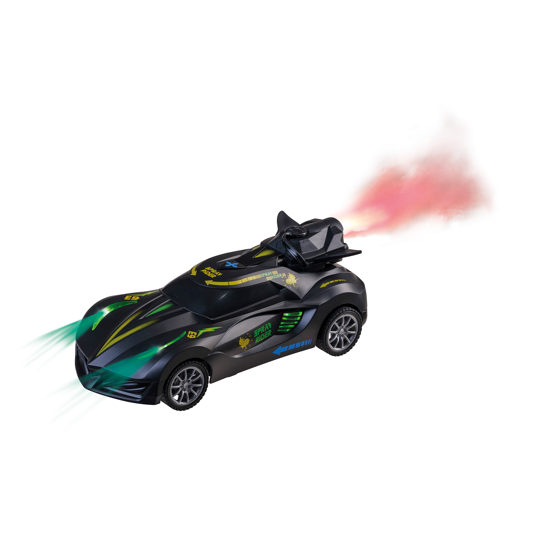 Ein schwarzes Spielzeugauto mit grünen und gelben Akzenten. Es hat einen Raucheffekt und grüne Lichter.