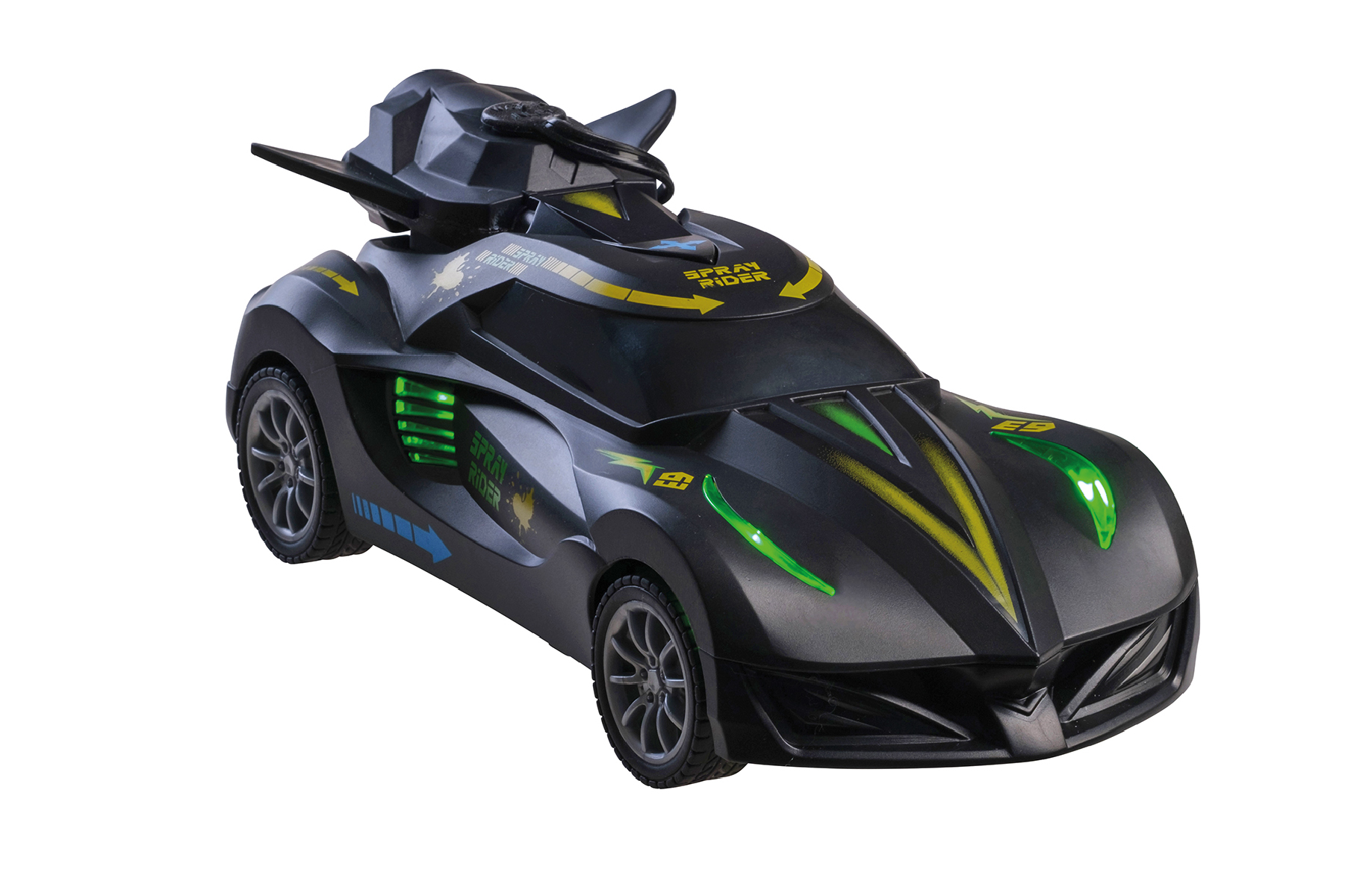 Ein schwarzes Spielzeugauto mit grünen und gelben Akzenten. Es hat ein futuristisches Design mit einer oberen Struktur und leuchtenden Lichtern.