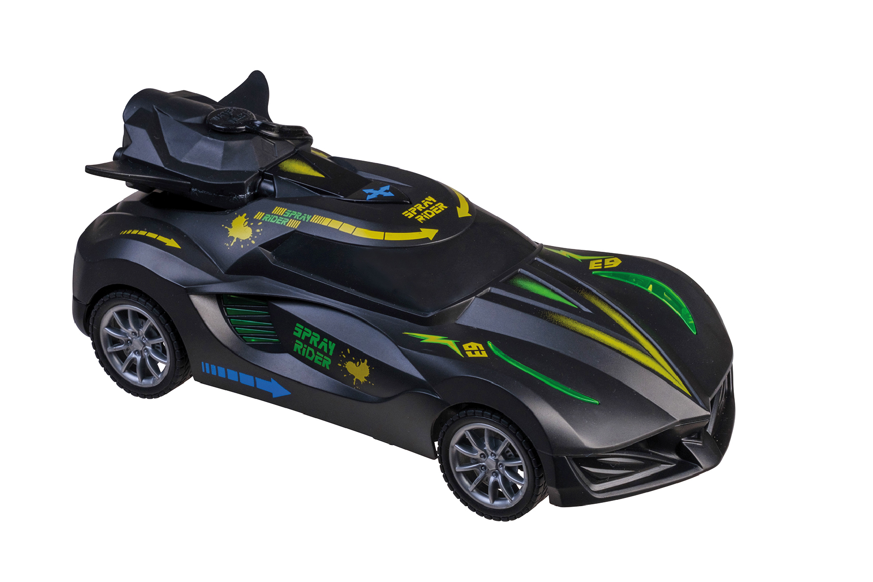 Ein schwarzes Spielzeugauto mit gelben und grünen Akzenten. Es trägt die Aufschrift 'Spray Rider'. Das Auto steht vor weißem Hintergrund.