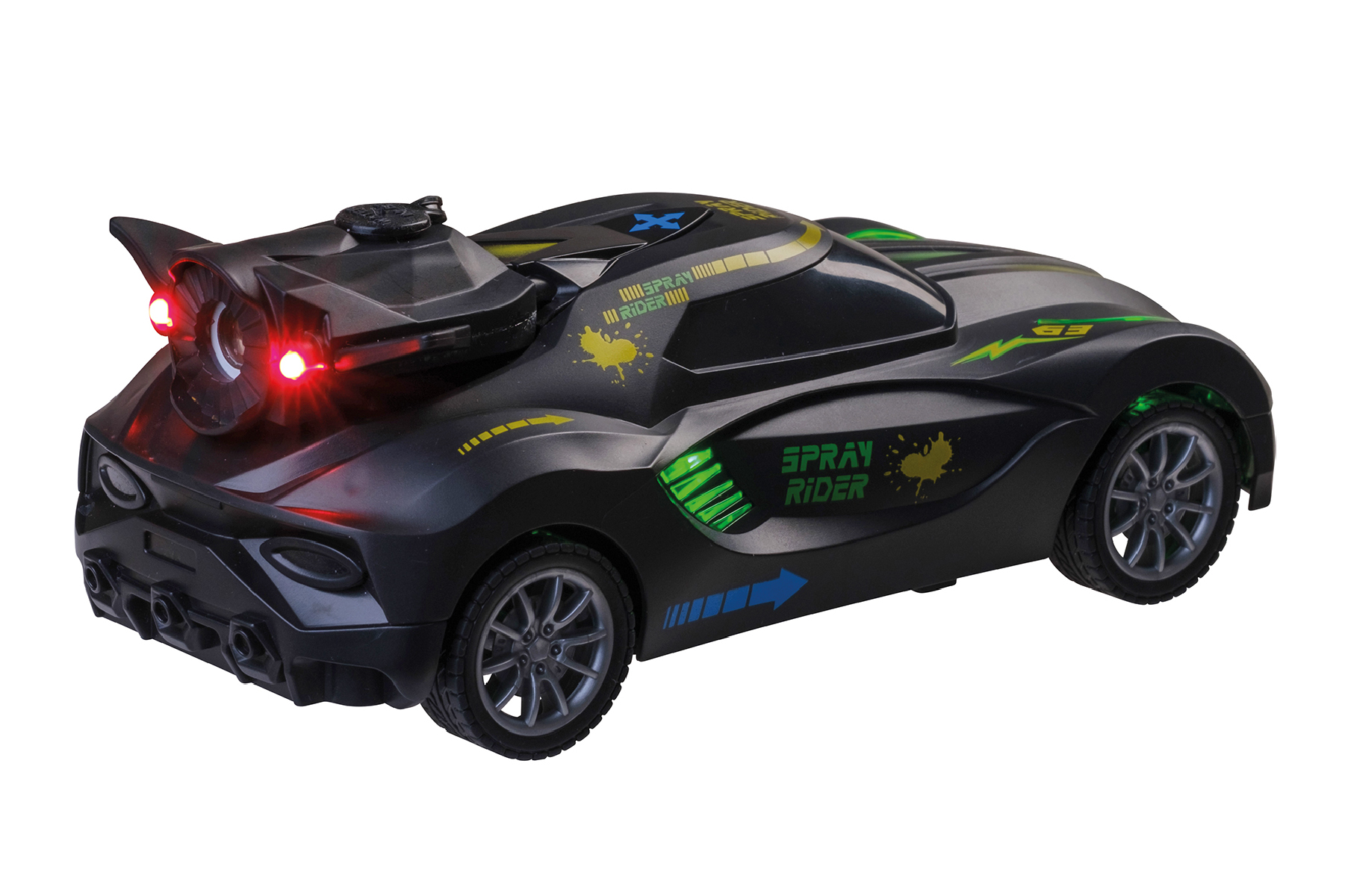 Ein schwarzes Spielzeugauto mit Lichtern und der Aufschrift 'Spray Rider'. Es hat ein einzigartiges Design mit einem Hecktriebwerk und roten Lichtern.