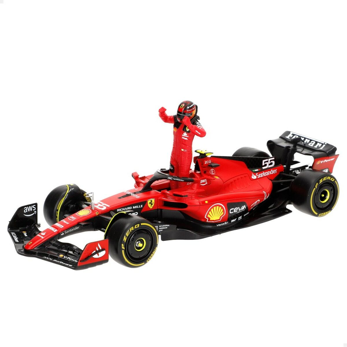 Ein rotes Ferrari-Modellauto mit einer Fahrerfigur. Das Auto hat Sponsorenlogos und die Nummer 55. Der Fahrer trägt einen roten Rennanzug.