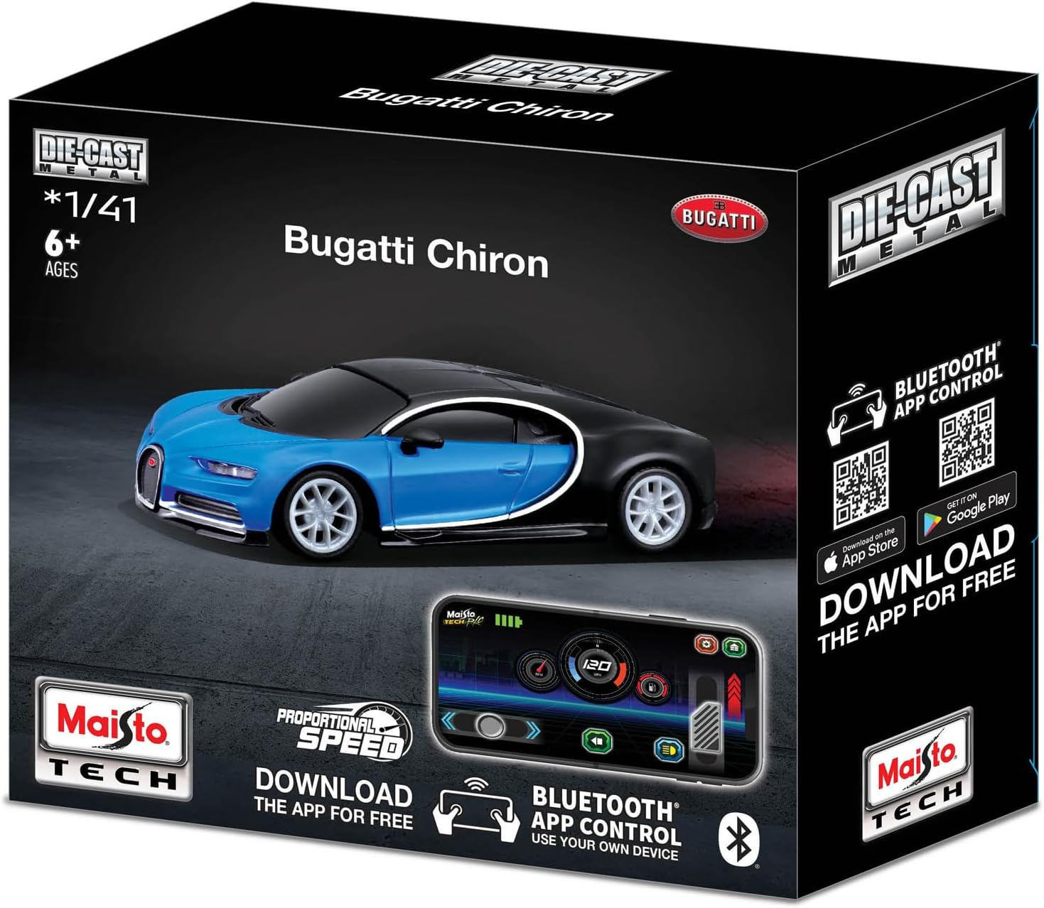 Schachtel eines Bugatti Chiron Spielzeugautos. Das Auto ist blau und schwarz. Auf der Schachtel steht 'Die-Cast Metal' und 'Bluetooth App Control'.