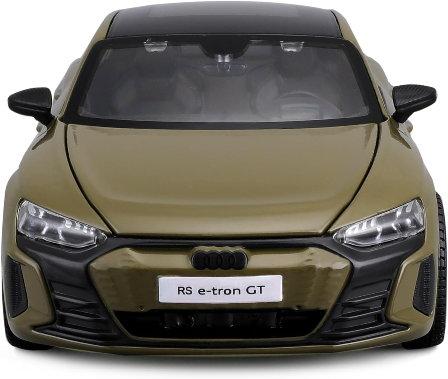 Frontansicht eines Audi RS e-tron GT, olivgrüne Karosserie mit schwarzem Dach und Akzenten. Scheinwerfer sind an, Auto ist zentriert.