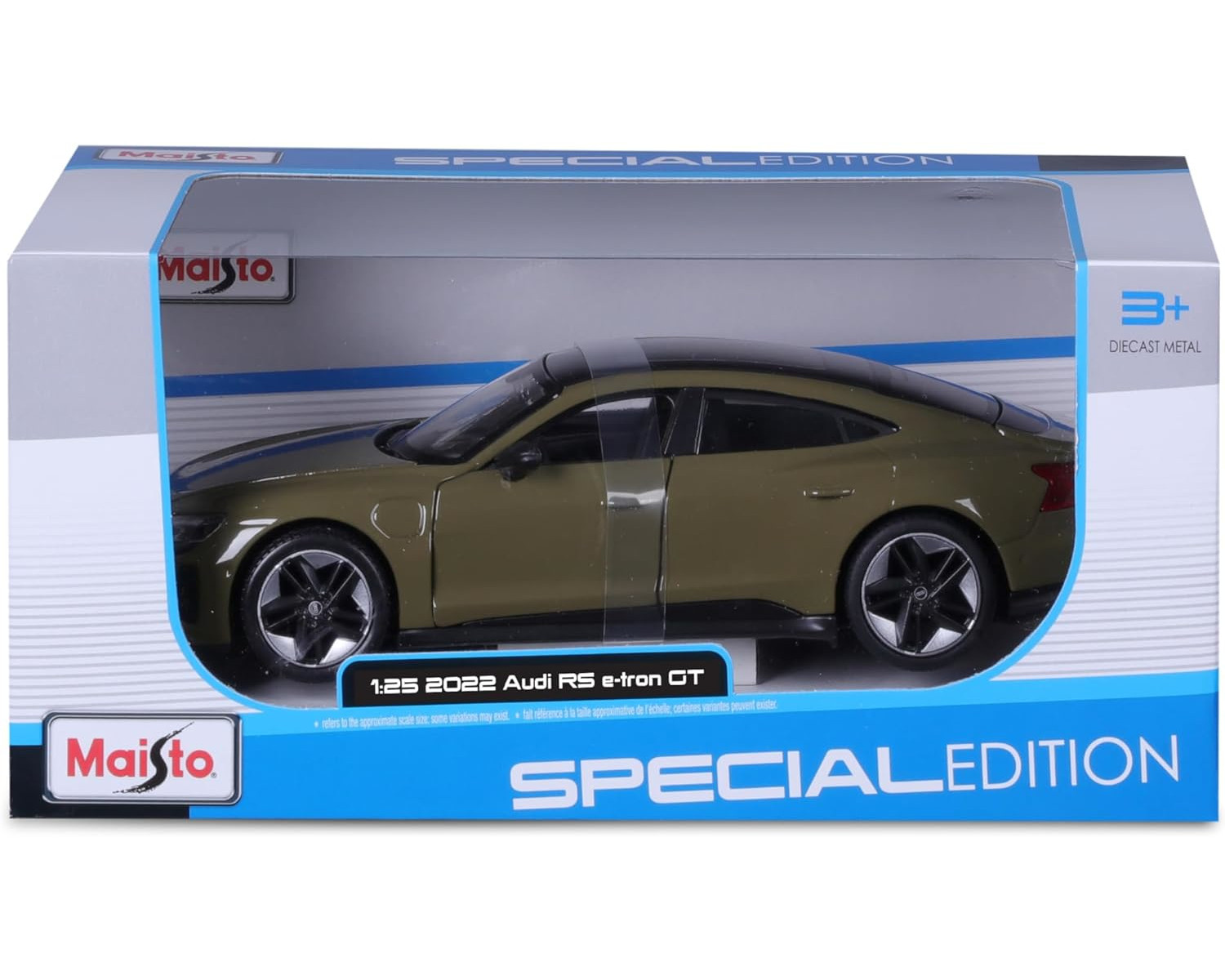Ein Spielzeugauto, ein Audi RS e-tron GT, in einer Box. Die Box hat die Aufschrift 'Special Edition' und 'Maisto'. Das Auto ist olivgrün.