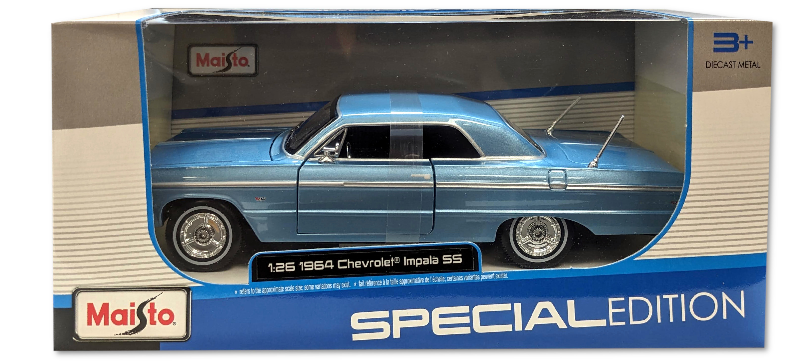 Ein blaues 1964 Chevrolet Impala SS Druckgussmodellauto in einer Box, eine Maisto Special Edition.