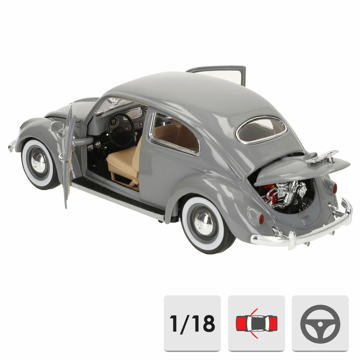 Ein graues Modellauto mit geöffneten Türen und Motorhaube. Das Innere ist sichtbar. Weißwandreifen. Maßstab 1:18.