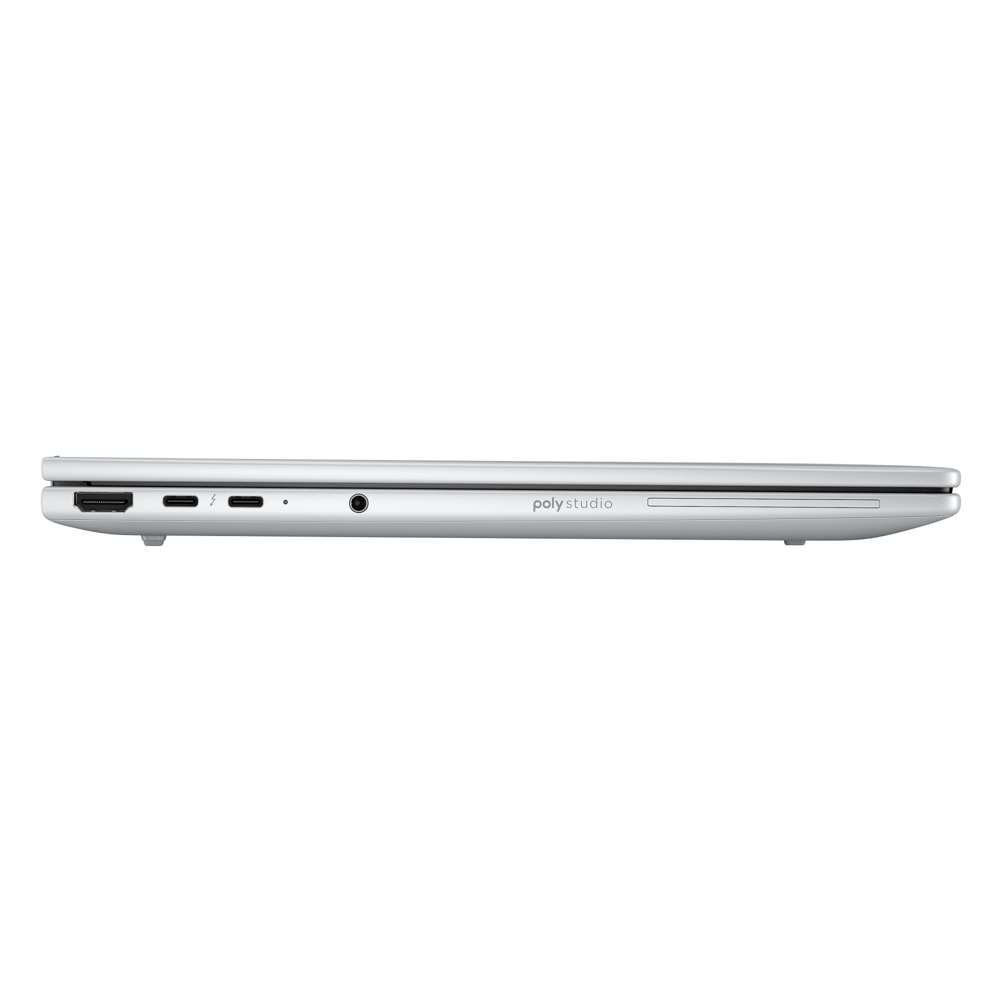 Vista lateral de un portátil plateado, mostrando puertos, incluyendo HDMI, USB-C y conector de audio. La marca 'poly studio' es visible.