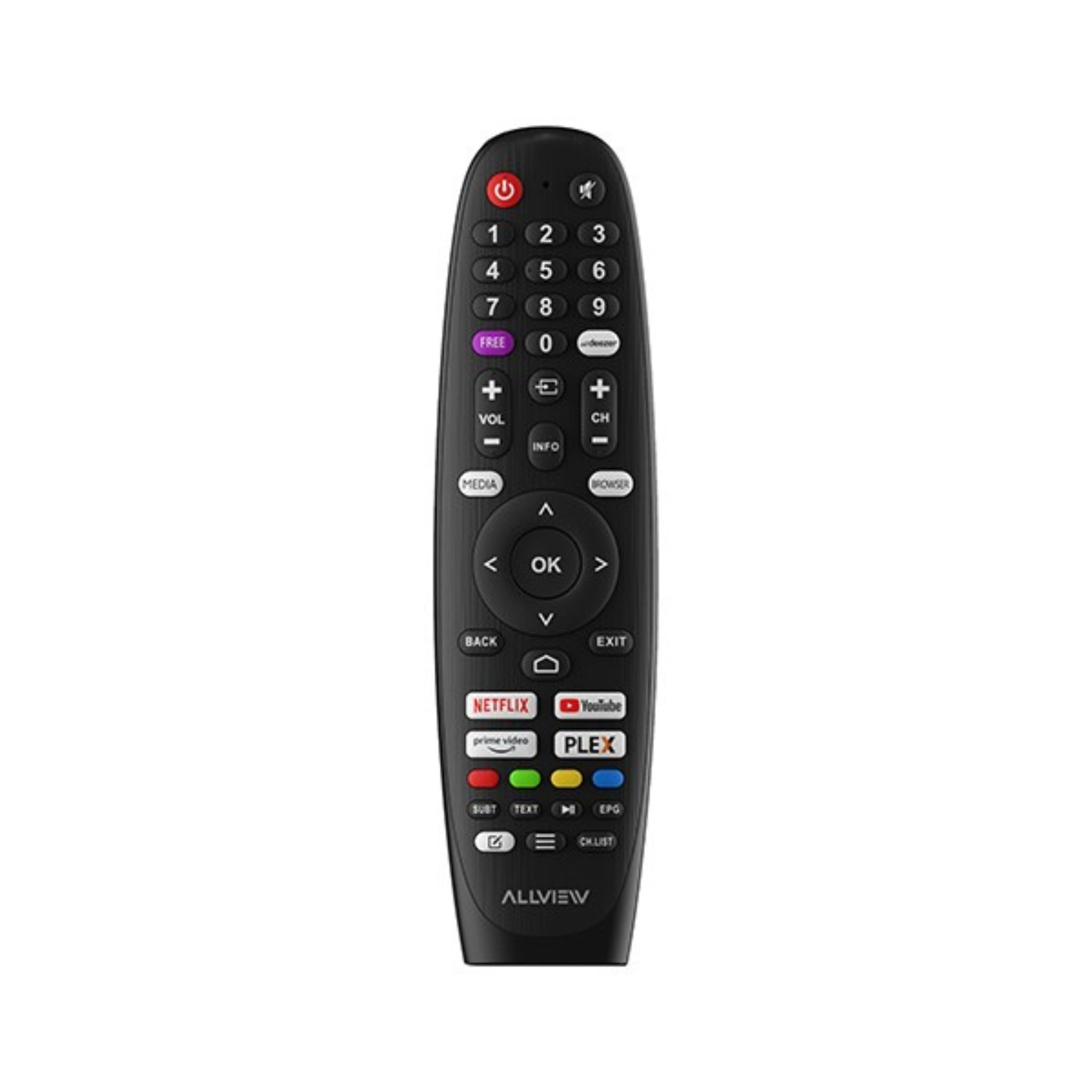 Schwarze Fernbedienung mit Tasten für Zahlen, Lautstärke, Kanäle, Netflix, Youtube und Ein/Aus.