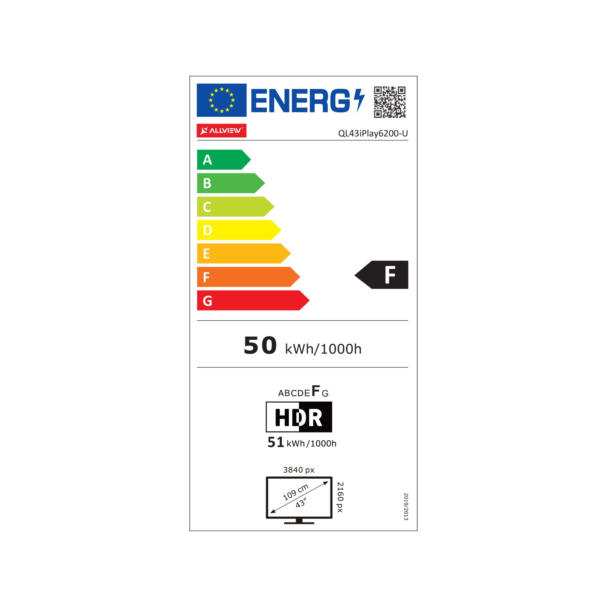 Energielabel für einen Fernseher. Es zeigt Energieeffizienzklassen, Energieverbrauch und Bildschirmgröße in cm und Zoll.