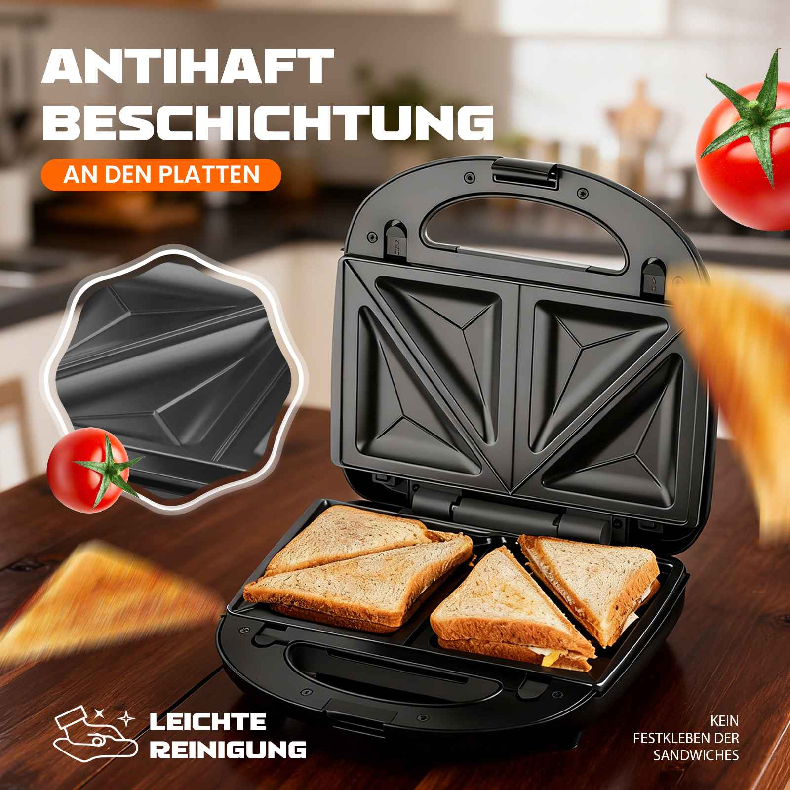Ein schwarzer Sandwichmaker mit getoasteten Sandwiches. Rechts ist eine Tomate. Text auf Deutsch ist sichtbar.