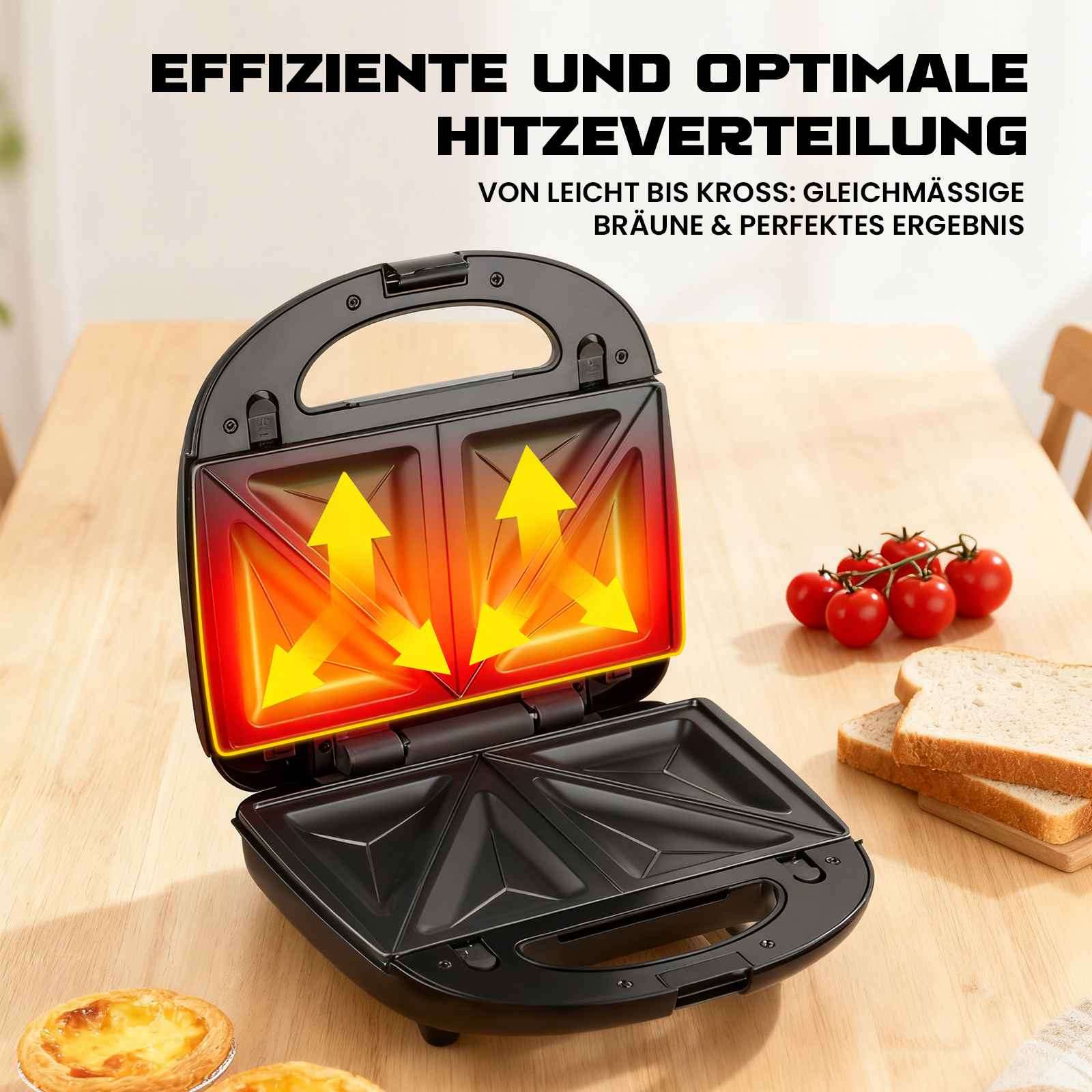 Ein schwarzer Sandwichmaker mit rot-orangenen Hitzepfeilen im Inneren. Brot und Tomaten liegen daneben auf einem Holztisch.