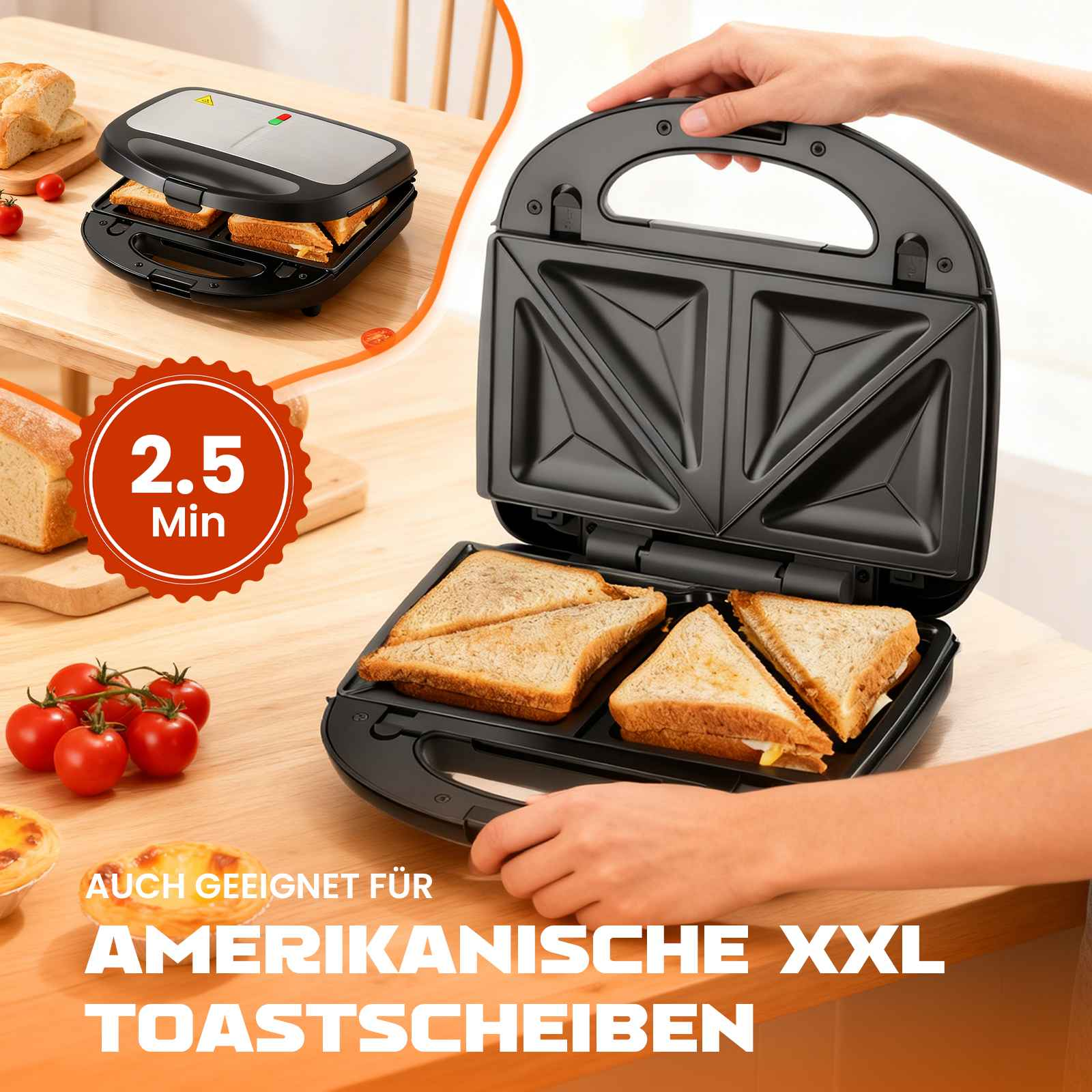 Ein Sandwichmaker mit getoasteten Sandwiches, Brot, Tomaten und Text, "Auch geeignet für Amerikanische XXL Toastscheiben."