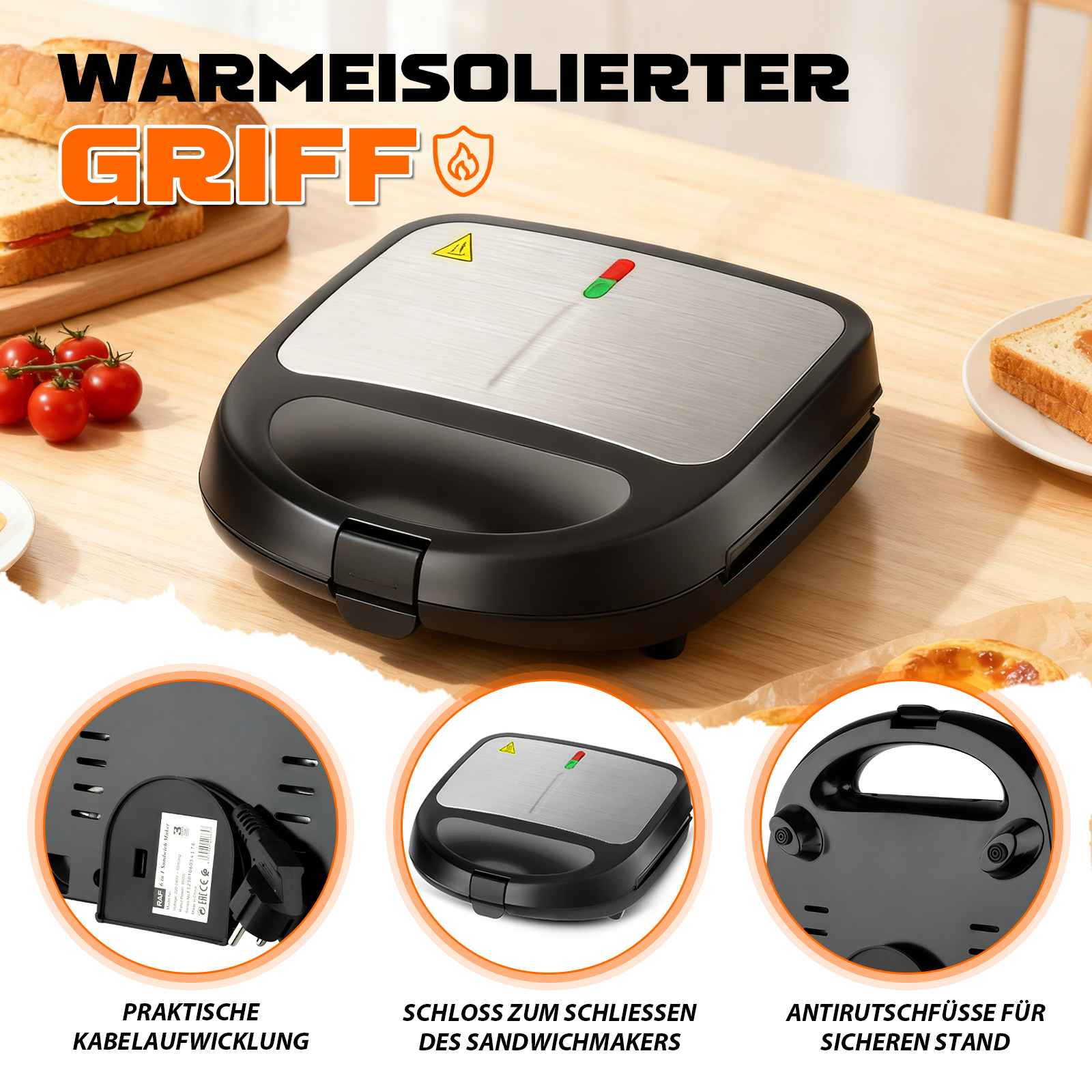 Schwarzer Sandwichmaker auf einem Holztisch. Tomaten, Brotscheiben und Sandwichdetails. Verschiedene Funktionen werden hervorgehoben.