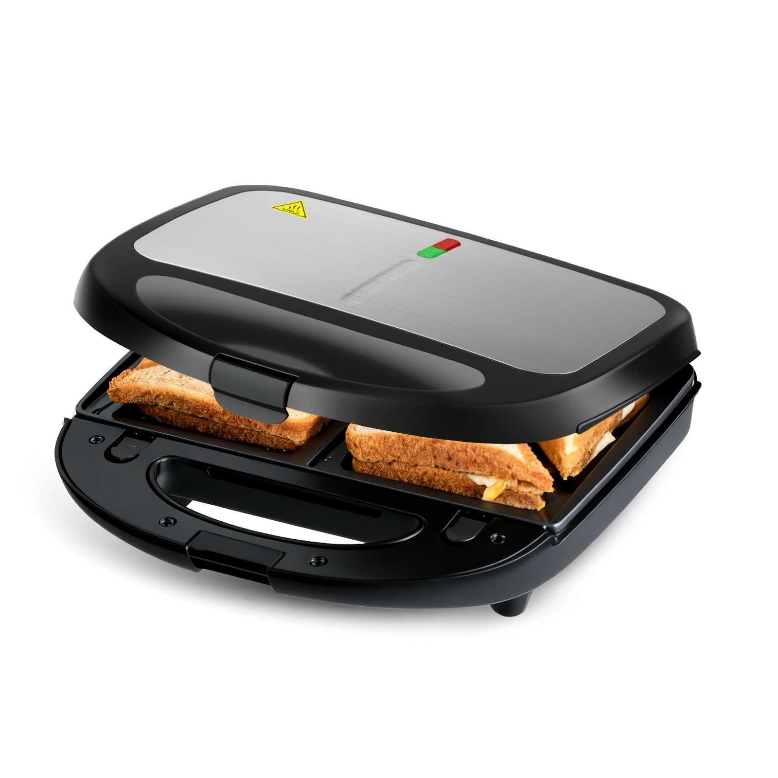 Ein Sandwichmaker mit zwei Sandwiches im Inneren. Die Oberseite ist geöffnet. Der Maker ist schwarz und silber.