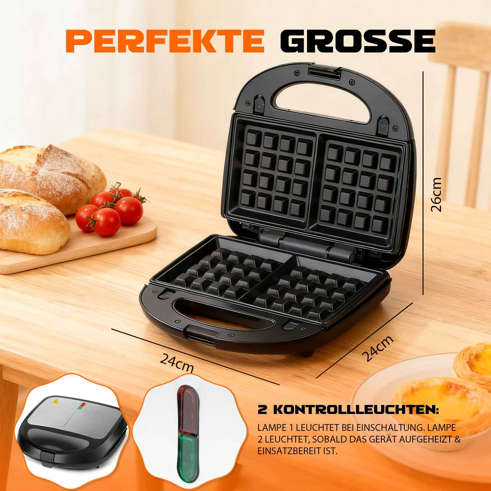 Ein Waffeleisen ist auf einem Holztisch geöffnet. Brot und Tomaten sind links. Abmessungen sind angegeben.