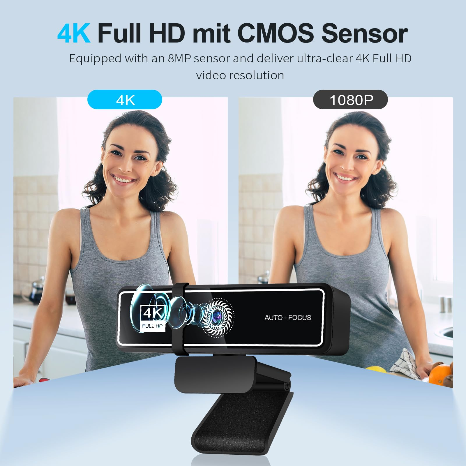 Das Bild zeigt eine Frau und eine Webcam. Die Webcam hat ein 4K-Logo. Texte: 4K Full HD mit CMOS Sensor und AUTO FOCUS.