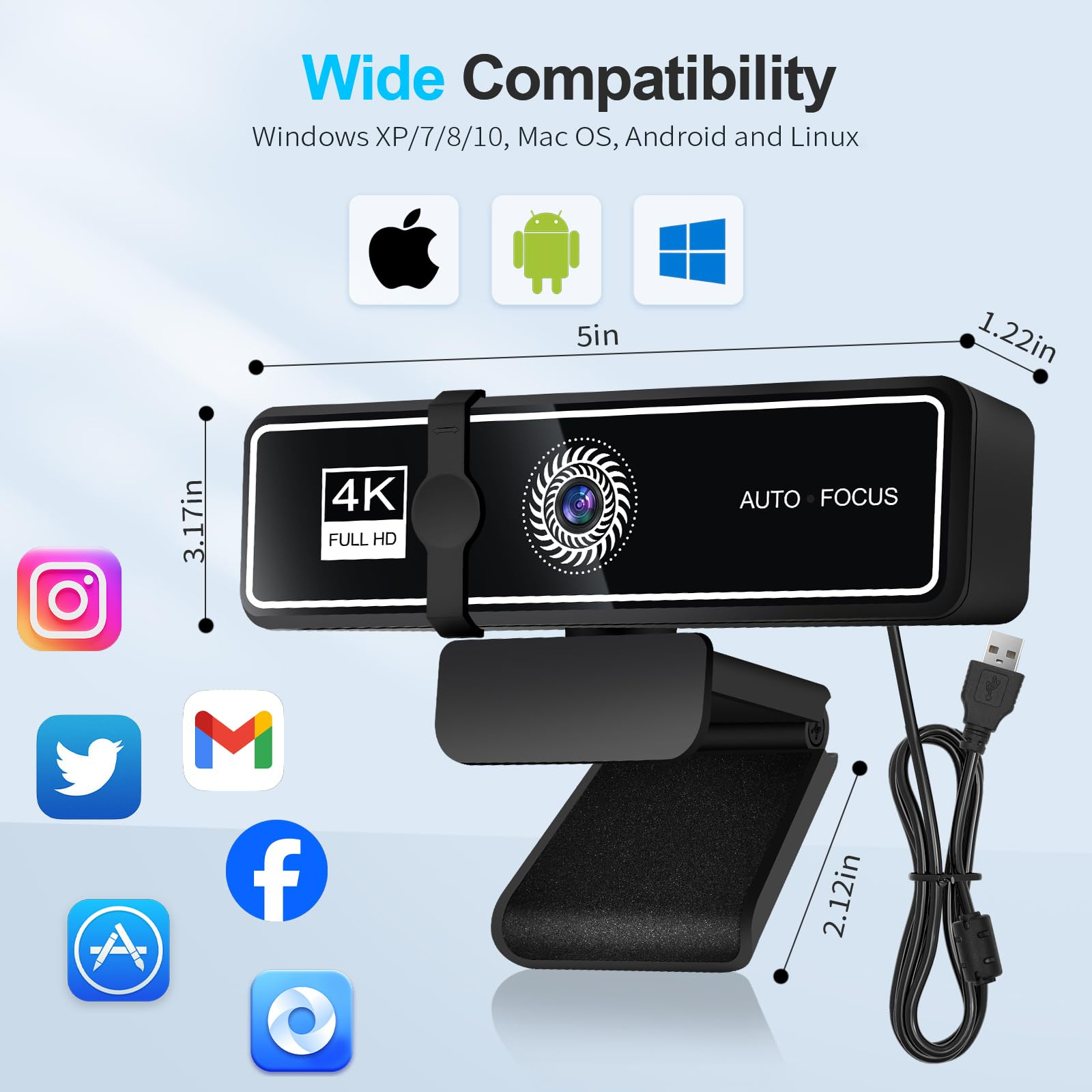 Eine Webcam mit schwarzem Gehäuse, 4K, Autofokus und Social-Media-Symbolen. Sie unterstützt mehrere Betriebssysteme.
